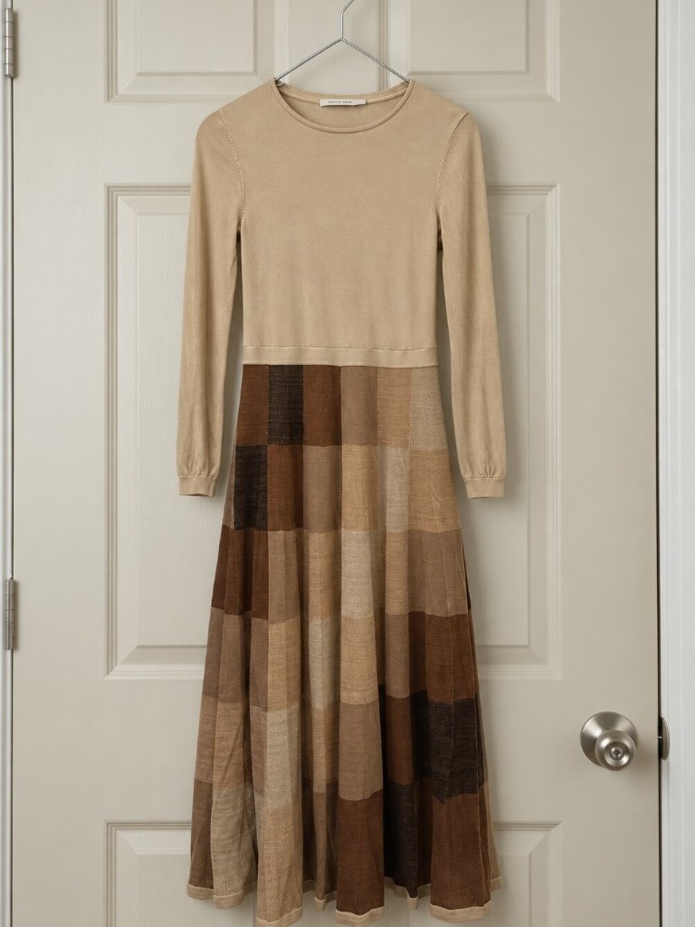 Trina Turk Maxi Dress Brown Plaid Metallic Knit Long Sleeve Flowy